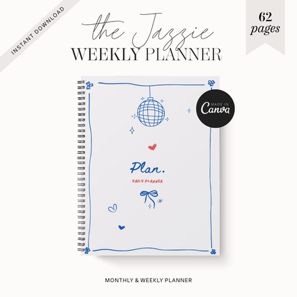 The Jazzy Weekly Planner digital template mockup on a light cream background. The spiral-bound planner cover features blue border lines, a blue disco ball illustration, and red text accents.