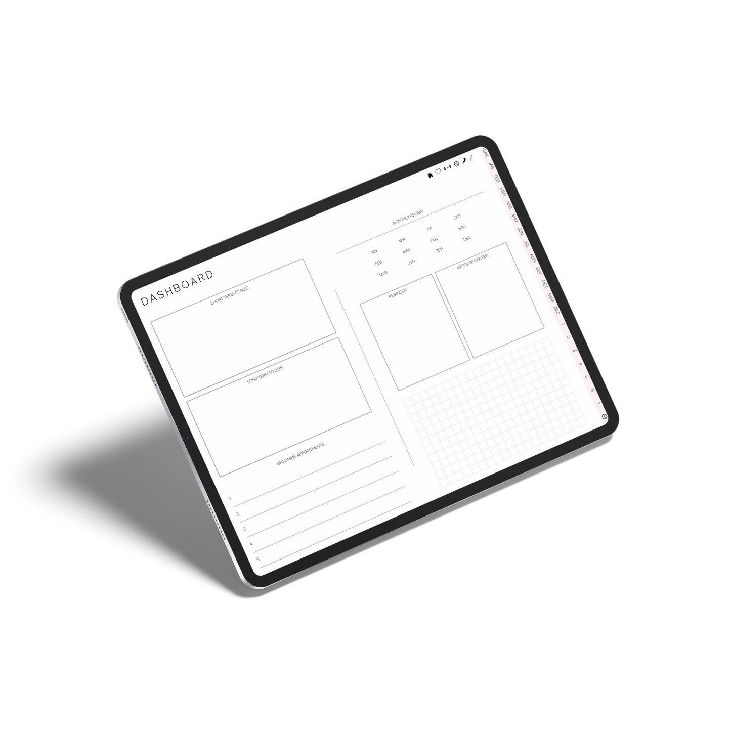 Digital tablet displaying a wireframe design on a white background