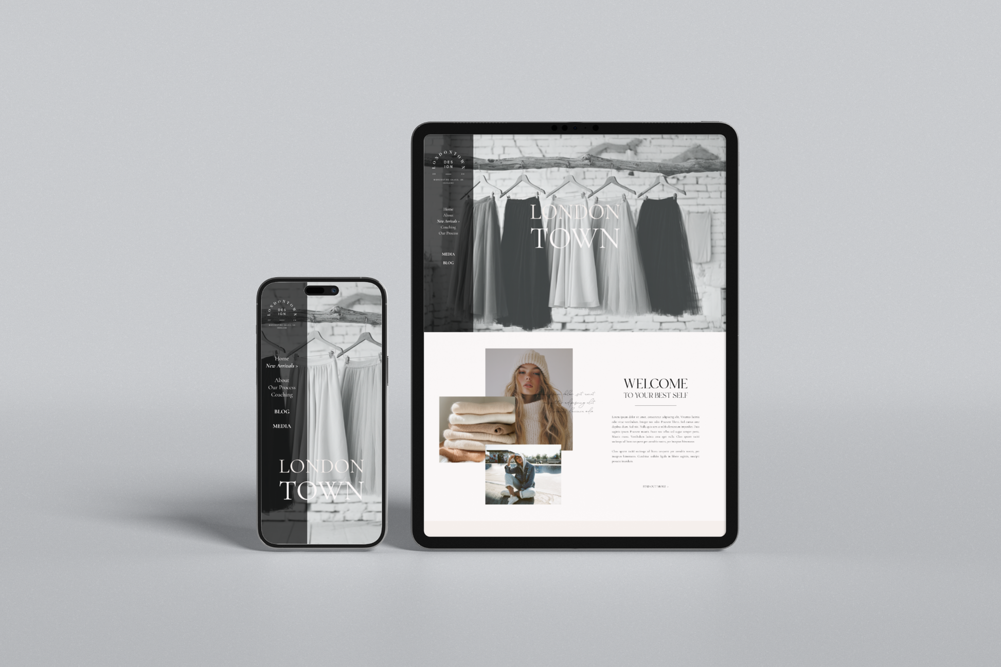 Tablet and smartphone displaying a fashion-themed website on a gray background