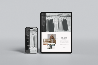 Tablet and smartphone displaying a fashion-themed website on a gray background