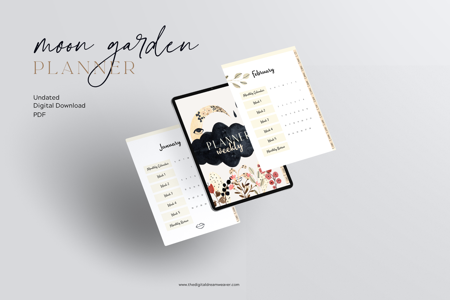 Moon Garden Digital Weekly Planner | Boho Botanical Celestial Goodnotes Template | Undated Monthly & Weekly Organizer with Hyperlinked Tabs