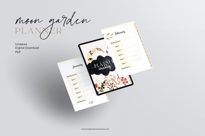 Moon Garden Digital Weekly Planner | Boho Botanical Celestial Goodnotes Template | Undated Monthly & Weekly Organizer with Hyperlinked Tabs