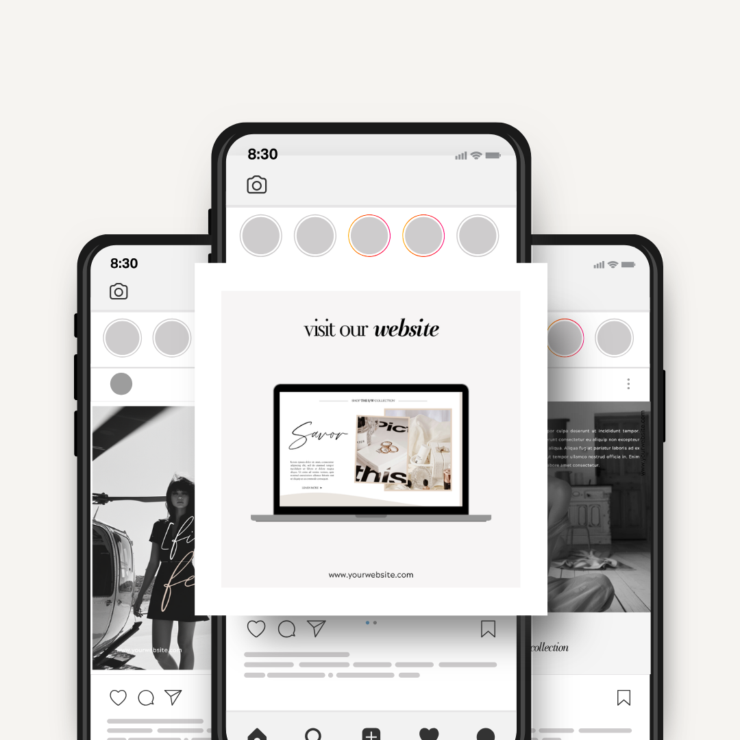 Three smartphones displaying a social media post with a laptop screen and text 'visit our website'.