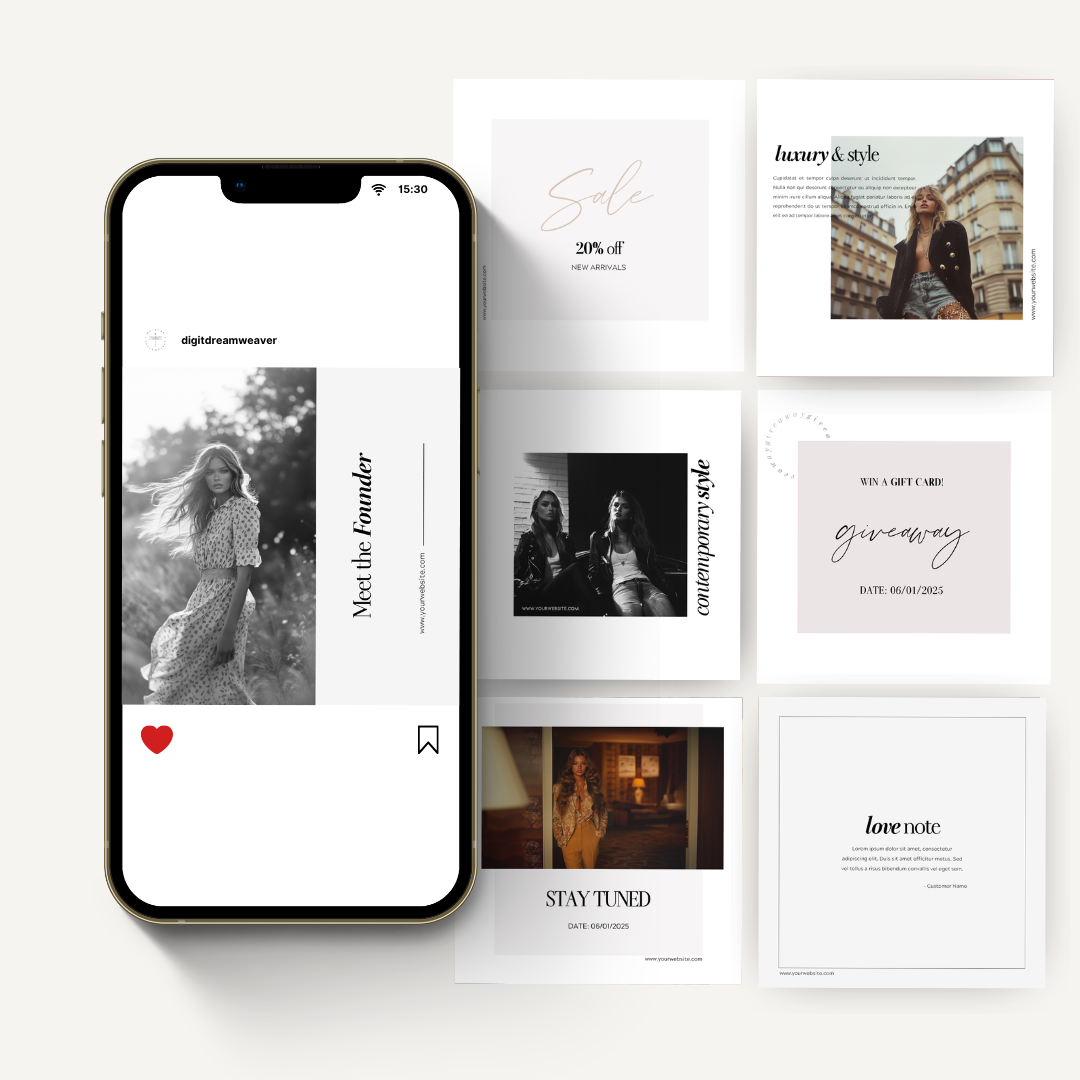 Phone displaying a lifestyle app with images of people and text on a white background