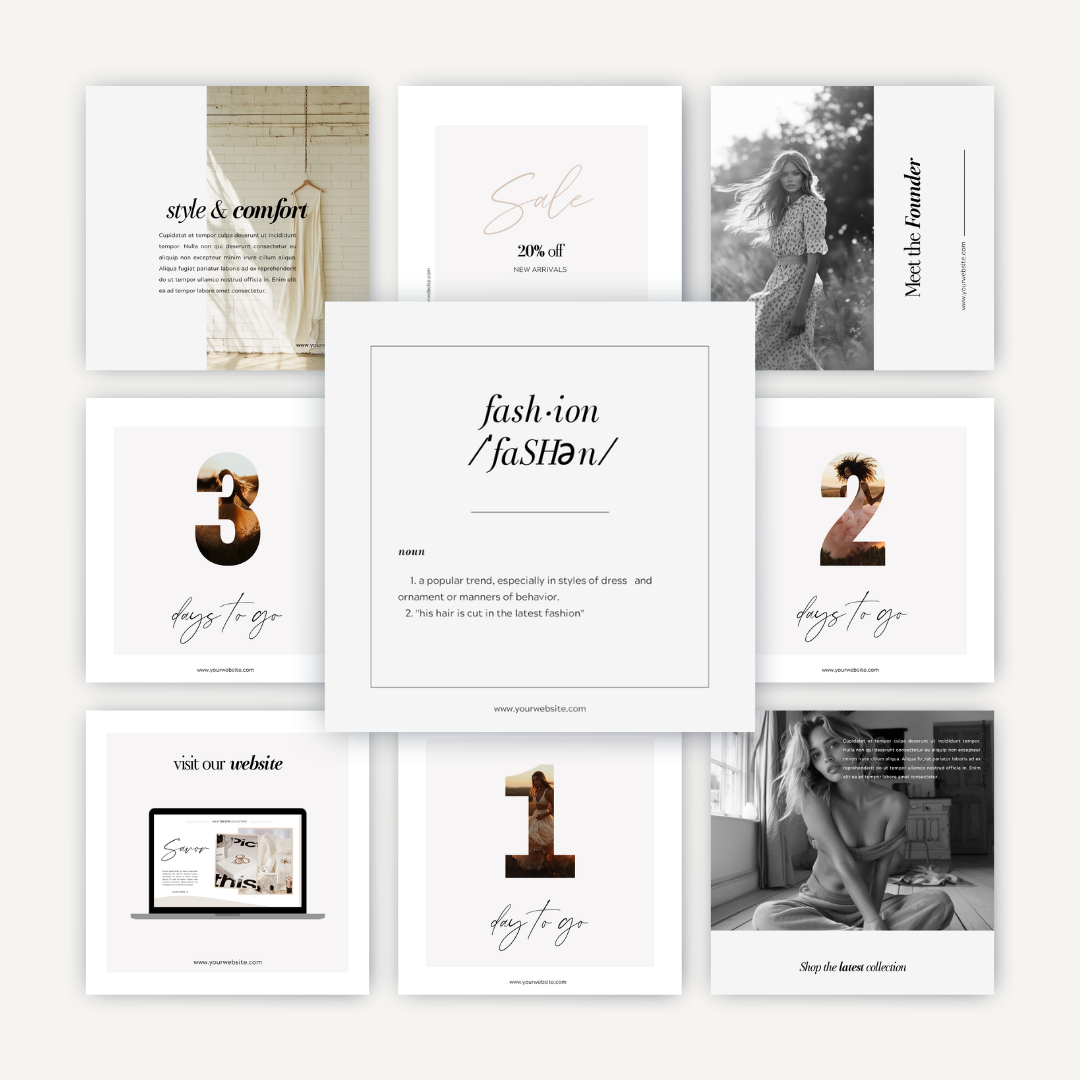 Collection of fashion-themed digital product pages with text and images on a white background