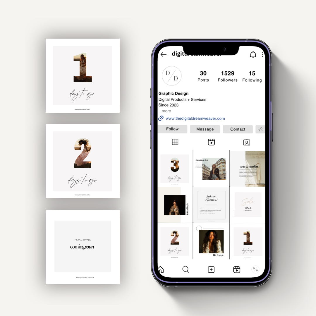 Phone displaying a social media profile with three smaller images of numbers on a white background