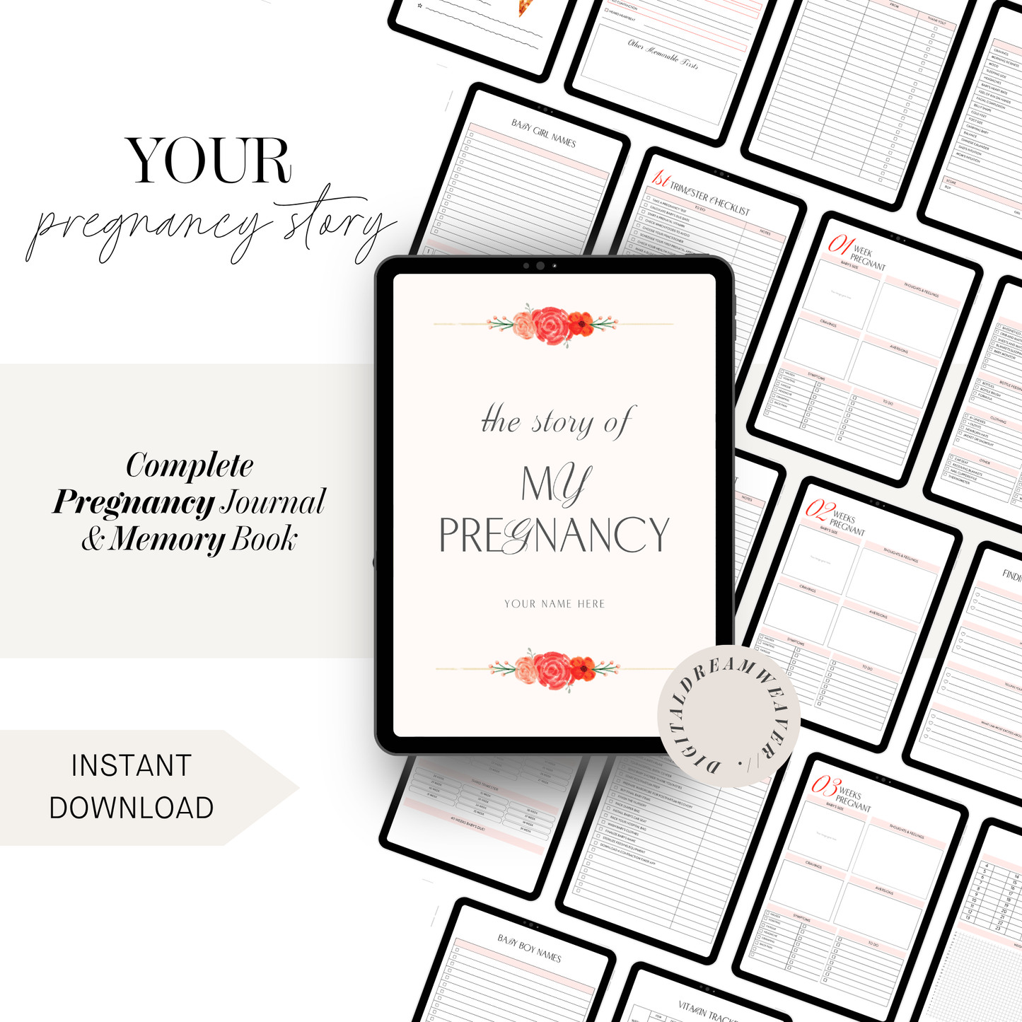Pregnancy Journal Printable Memory Book, 40 Week Pregnancy Tracker & Keepsake Planner, First Time Mom Milestone Diary, Baby Shower Gift Idea