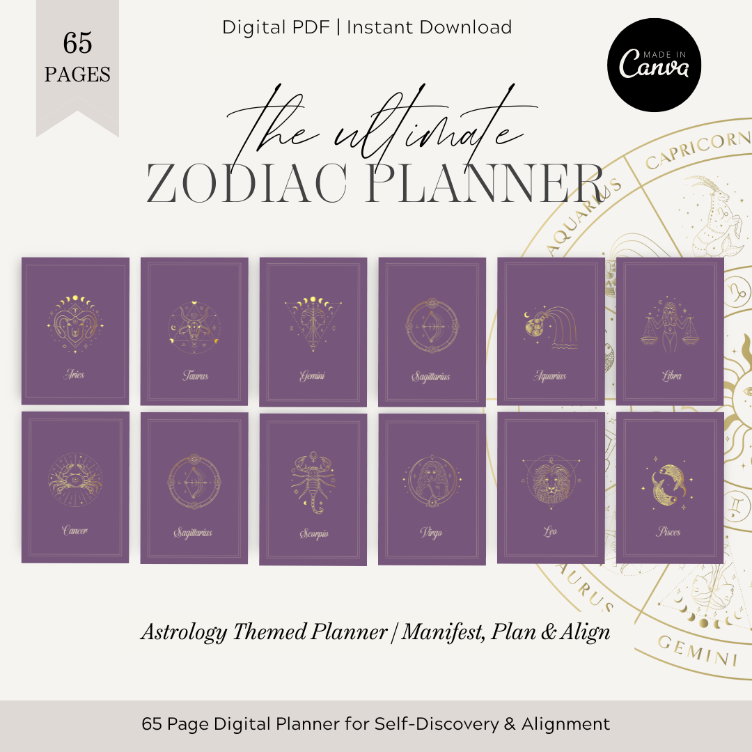 Zodiac planner with purple covers featuring astrological symbols on a white background.