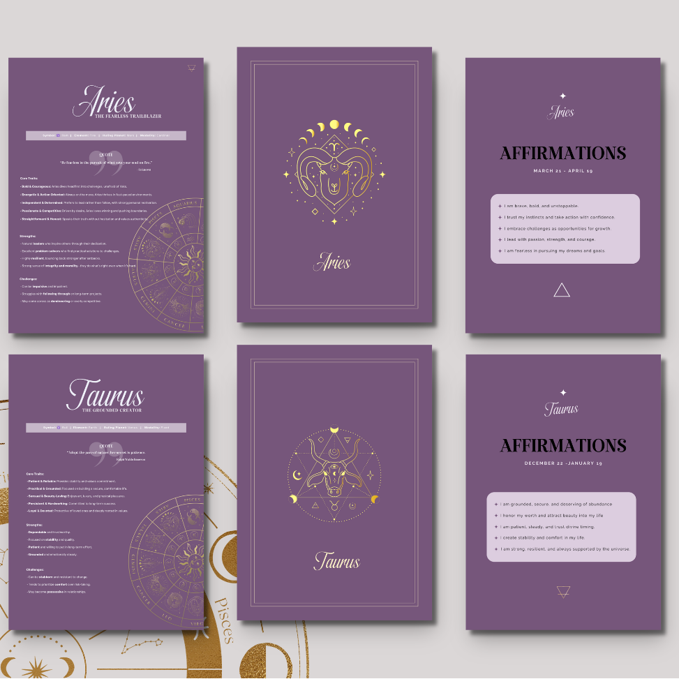 Set of purple pages with zodiac designs on a light gray background