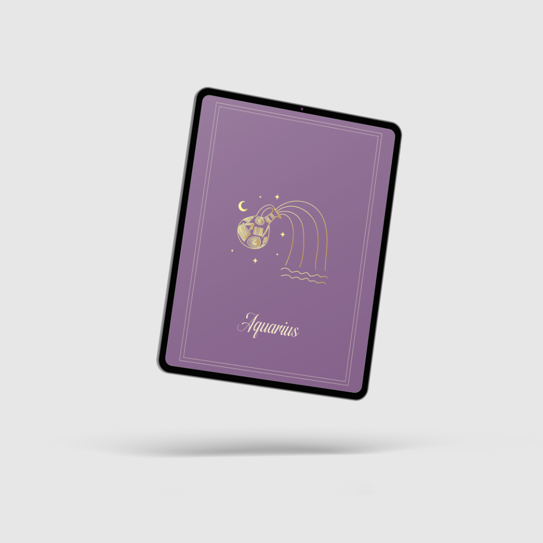 Purple notebook with Aquarius design on a light gray background