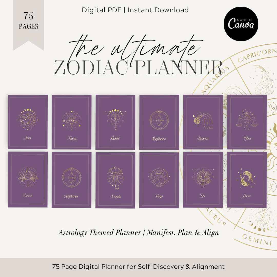 Undated Celestial Zodiac Themed Planner for Astrology Lovers | Aries • Taurus • Gemini • Cancer • Leo • Virgo • Libra • Scorpio • Sagittarius • Capricorn • Aquarius • Pisces