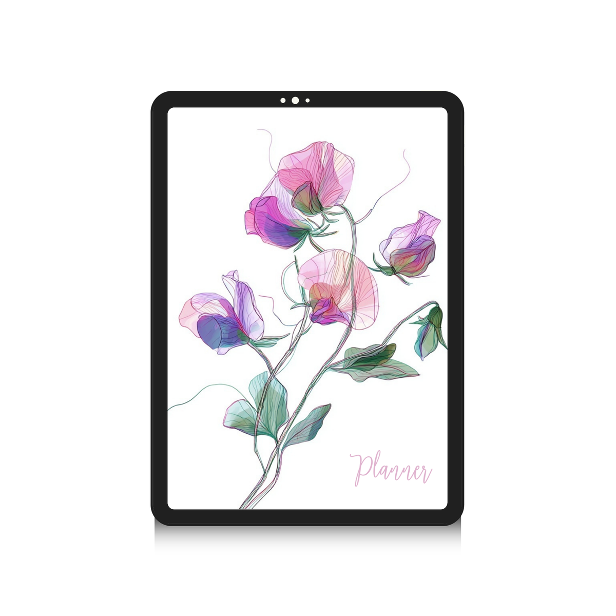 A tablet device with a black bezel displaying a floral planner cover design. The cover features watercolor-style pink and purple flowers with green leaves on a white background, and the word 'Planner' in light pink script at the bottom right.