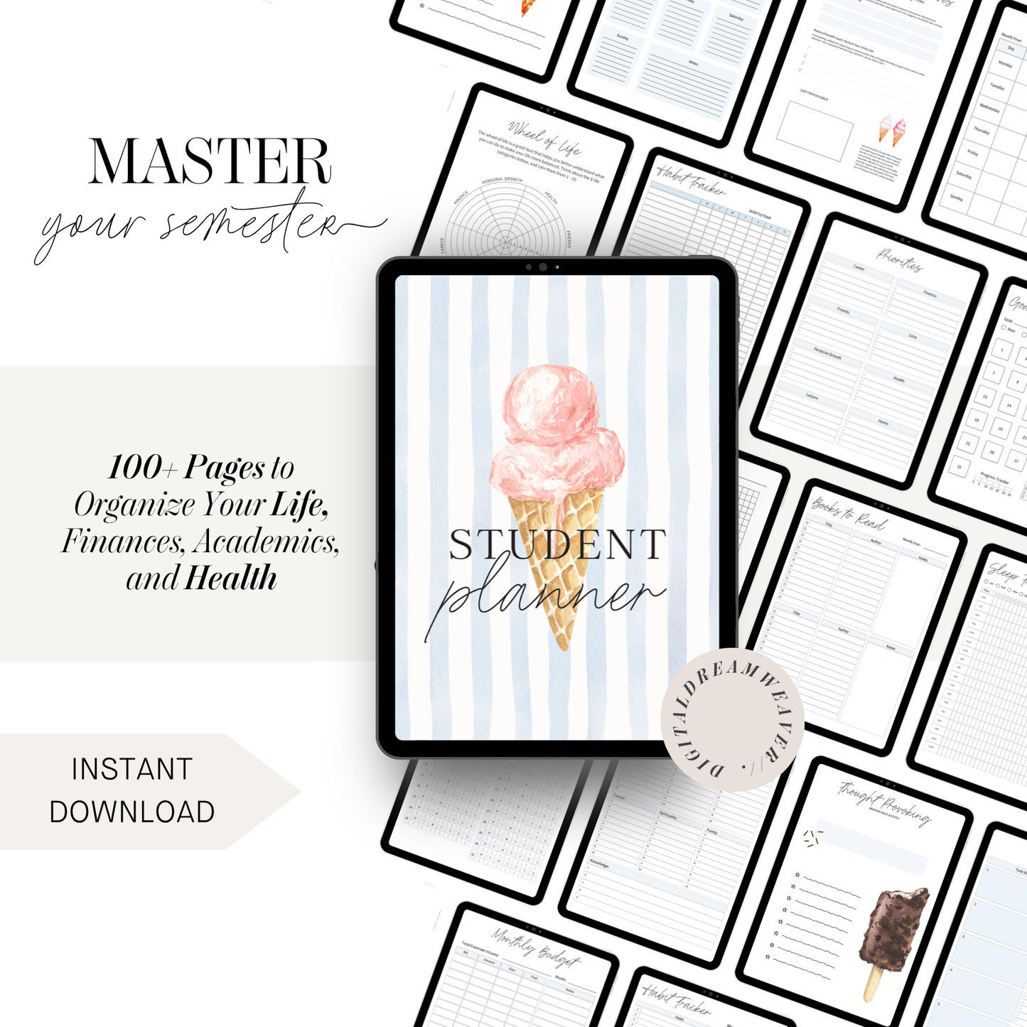 Ultimate All-in-One Life Planner, Digital Student & Budget Binder, Wellness Journal with Academic Tracker & Health Log, 100+ Page PDF Bundle