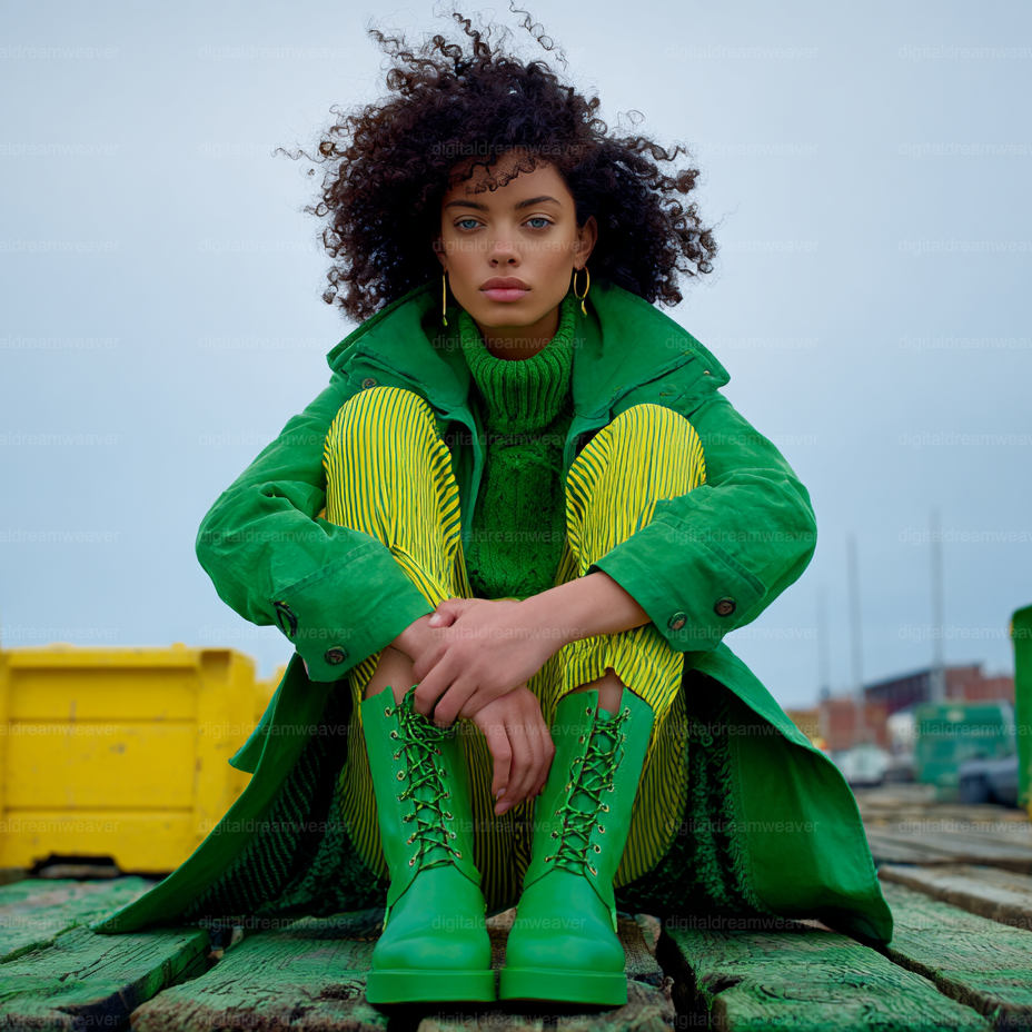Woman in a green coat and boots sitting on a dock with a cloudy sky.