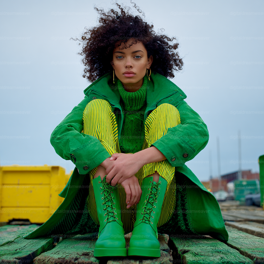 Woman in a green coat and boots sitting on a dock with a cloudy sky.